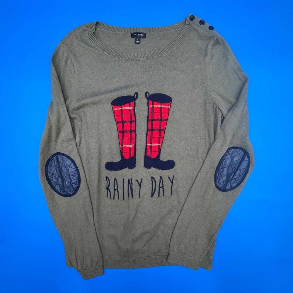 Talbots Rainy Day Graphic Sweater Olive Green Plaid Boots Elbow Patches Size M